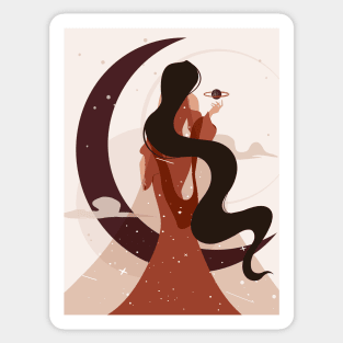 Celestial woman art, Moon art, Woman with long dark hair, Witchy aesthetic, Feminine art, Girl power Sticker